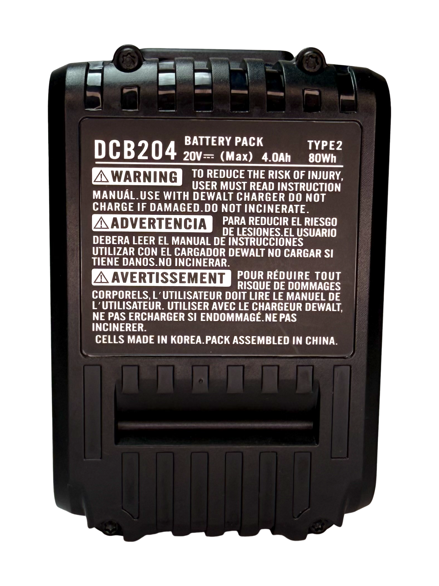 DCB204 20V 4.0Ah battery model reference image for compatible replacement battery identification